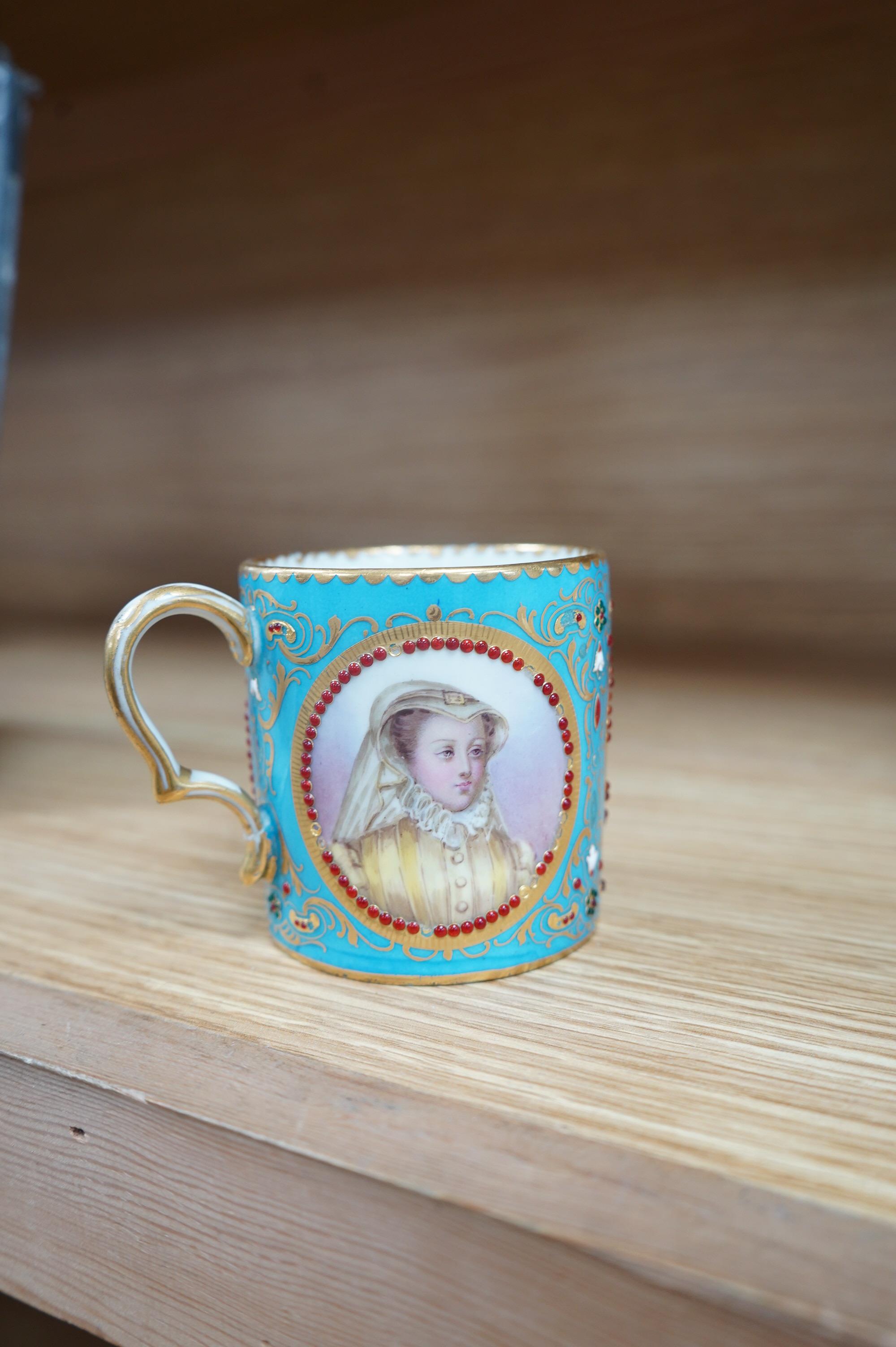 Three Sevres style plates, a Sevres coffee can and saucer and a similar plate, coffee can 7cm high. Condition - good